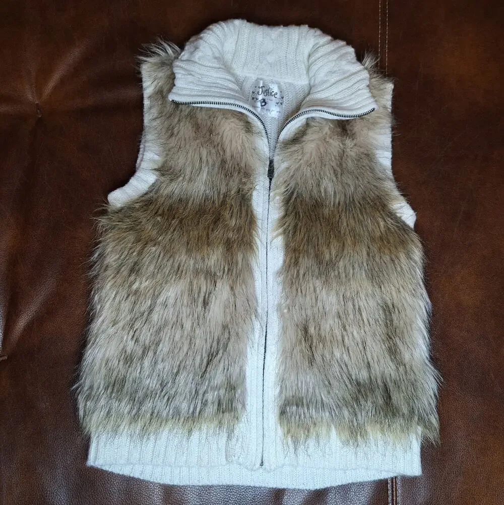 Justice White Sweater Vest with Brown Faux Fur Zip Up 12 Girls
